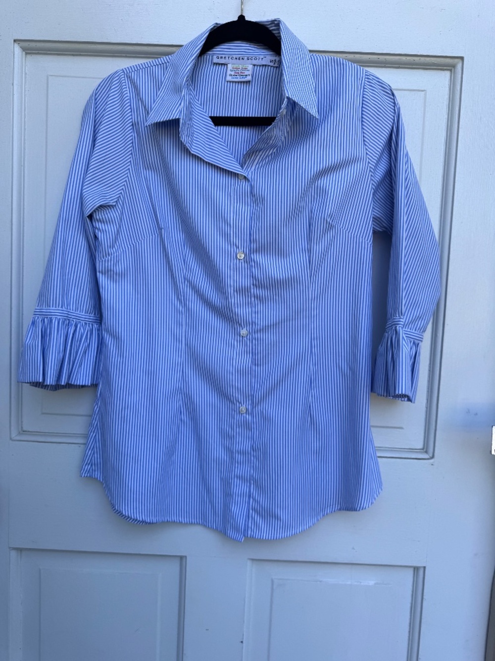 Gretchen Scott Tunic Top Size S Blue White Stripe Ruffle Cuff Button Front